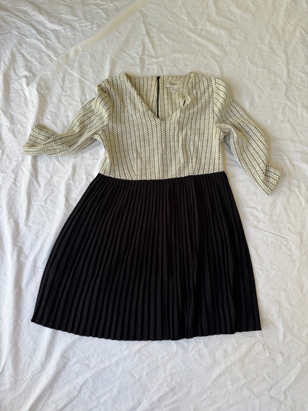 Ganni Cream Knit Top with Black Pleated Mini Skirt Dress